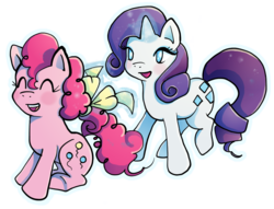Size: 747x572 | Tagged: safe, artist:butterscotch25, pinkie pie, rarity, earth pony, pony, unicorn, g4, ^^, alternate hairstyle, bow, duo, duo female, eyes closed, female, horn, mare, simple background, transparent background