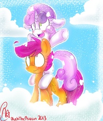 Size: 1024x1200 | Tagged: dead source, safe, artist:bluehtheassasin, scootaloo, sweetie belle, g4, cloud, cloudy, female, lesbian, ponies riding ponies, riding, ship:scootabelle, shipping, sweetie belle riding scootaloo