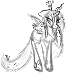 Size: 933x1009 | Tagged: safe, artist:blup-chan, queen chrysalis, changeling, changeling queen, g4, crown, female, jewelry, monochrome, regalia, simple background, solo, white background