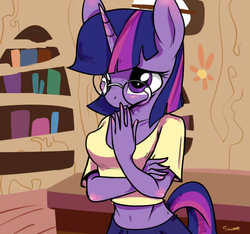 Size: 640x600 | Tagged: safe, artist:swomswom, twilight sparkle, anthro, g4, adorkable, belly button, cute, dork, female, glasses, golden oaks library, library, meganekko, midriff, solo