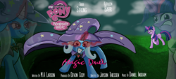 Size: 2000x900 | Tagged: safe, artist:haru-the-light, trixie, twilight sparkle, g4, magic duel, alicorn amulet, glowing eyes, grin
