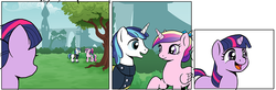 Size: 1000x326 | Tagged: safe, artist:muffinshire, princess cadance, shining armor, twilight sparkle, comic:twilight's first day, g4, clothes, filly, happy, shipper on deck, uniform, wip, younger