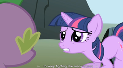 Size: 854x471 | Tagged: safe, screencap, spike, twilight sparkle, feeling pinkie keen, g4, youtube caption