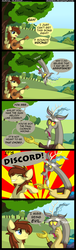 Size: 1500x4916 | Tagged: dead source, safe, artist:veggie55, discord, oc, oc:vento, draconequus, pegasus, pony, g4, comic, dialogue, guitar, pun, tree