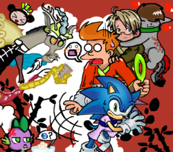 Size: 800x700 | Tagged: safe, artist:therealfry1, discord, spike, oc, g4, chinese new year, crossover, futurama, hetalia, male, philip j. fry, pucca, sonic the hedgehog, sonic the hedgehog (series), united states