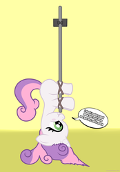 Size: 3200x4600 | Tagged: safe, artist:greaterlimit, sweetie belle, g4, broom, living object, messy mane, rope, scrunchy face, simple background, speech bubble, upside down