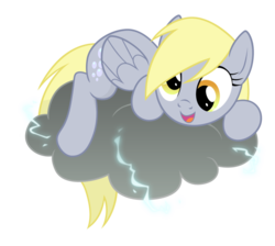 Size: 912x818 | Tagged: safe, artist:themightysqueegee, derpy hooves, pegasus, pony, g4, cloud, cute, derpabetes, female, lightning, mare, open mouth, prone, simple background, smiling, solo, stormcloud, transparent background, vector