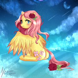 Size: 1000x1000 | Tagged: safe, artist:pklove-chan, fluttershy, pony, g4, butt, female, moon, night, plot, rose, solo, stars