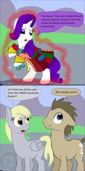 Size: 1000x1997 | Tagged: safe, artist:mountainlygon, derpy hooves, doctor whooves, rarity, time turner, earth pony, pegasus, pony, unicorn, g4, magic duel, clothes, comic, coward, cravat, doctor who, fashion disaster, female, floppy ears, frock coat, mare, marshmelodrama, rarity being rarity, rarity is not amused, scrunchy face, shirt, sixth doctor, the doctor, the explosion in a rainbow factory, unamused