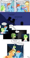 Size: 639x1219 | Tagged: safe, artist:mrchopin, applejack, chickadee, ms. peachbottom, rainbow dash, g4, comic, exploitable meme, the scary door