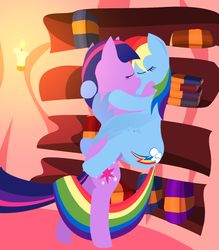 Size: 1024x1169 | Tagged: safe, artist:lostzilla, rainbow dash, twilight sparkle, pegasus, pony, unicorn, g4, bipedal, bipedal leaning, duo, female, golden oaks library, hug, kiss on the lips, kissing, leaning, lesbian, library, mare, ship:twidash, shipping, unicorn twilight, winghug, wings