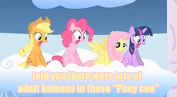 Size: 636x348 | Tagged: safe, applejack, fluttershy, pinkie pie, twilight sparkle, bronycon, g4, image macro, open mouth, ponycon, shock, sitting, sky, spread wings, spying, surprised, tongue out, watching, wide eyes, wingboner, yellow text