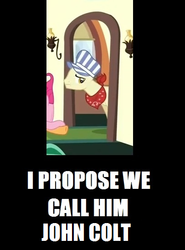 Size: 406x548 | Tagged: safe, pinkie pie, steamer, g4, conductor, image macro, john colt, meme, name, naming, who is john colt