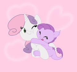 Size: 845x792 | Tagged: safe, artist:carnifex, sweetie belle, oc, oc:lavender, dracony, hybrid, g4, aunt and niece, cute, hug, interspecies offspring, ocbetes, offspring, parent:rarity, parent:spike, parents:sparity