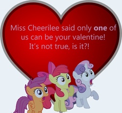 Size: 600x557 | Tagged: safe, apple bloom, scootaloo, sweetie belle, g4, cutie mark crusaders, gasp, heart, lasty's hearts, simple, valentine