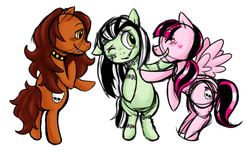 Size: 875x541 | Tagged: safe, artist:hpwendiz, pony, bipedal, clawdeen wolf, draculaura, frankie stein, monster high, ponified