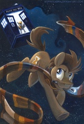 Size: 557x821 | Tagged: safe, artist:kenket, artist:spainfischer, derpy hooves, doctor whooves, time turner, earth pony, pegasus, pony, g4, acrylic painting, crossover, doctor who, duo, female, male, mare, parody, ship:doctorderpy, shipping, sonic screwdriver, space, stallion, straight, tardis, the doctor, traditional art