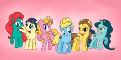 Size: 893x442 | Tagged: safe, artist:aldriona, earth pony, pegasus, pony, unicorn, ariel, belle, cinderella, disney, disney princess, group, jasmine, ponified, princess aurora, snow white