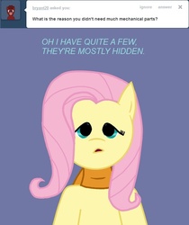 Size: 629x750 | Tagged: safe, fluttershy, g4, ask, blue background, bust, cyborg 009, english, front view, simple background, solo, tumblr