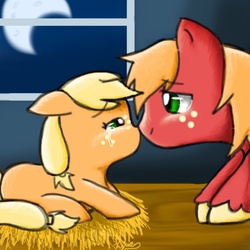 Size: 792x792 | Tagged: safe, artist:soulskey, applejack, big macintosh, earth pony, pony, g4, crying, filly, male, stallion