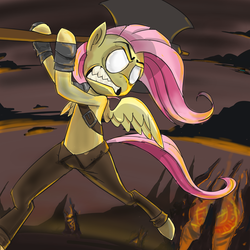 Size: 2500x2500 | Tagged: safe, artist:gir678, fluttershy, semi-anthro, g4, axe, female, solo