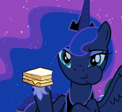 Size: 600x550 | Tagged: safe, edit, edited screencap, screencap, princess luna, pony, g4, luna eclipsed, cropped, eating, female, food, glorious grilled cheese, grilled cheese, puffy cheeks, sandwich, solo