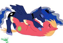 Size: 690x476 | Tagged: safe, artist:weaselbear, big macintosh, princess luna, alicorn, earth pony, pony, g4, duo, kiss on the lips, kissing, male, on back, ship:lunamac, shipping, simple background, stallion, straight, white background