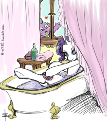 Size: 797x900 | Tagged: safe, artist:tt-n, rarity, spike, pony, unicorn, g4, 30 minute art challenge, bath, blushing, claw foot bathtub, duo, hooves, voyeurism