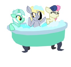 Size: 1047x990 | Tagged: artist needed, safe, bon bon, derpy hooves, lyra heartstrings, sweetie drops, earth pony, pegasus, pony, unicorn, g4, 30 minute art challenge, bath, bathtub, bubble, female, mare, simple background, snorkel, trio, trio female, white background