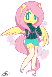 Size: 873x1286 | Tagged: safe, artist:snow angel, fluttershy, anthro, g4, ambiguous facial structure, clothes, female, pixiv, skirt, solo, sweater, sweatershy, thigh highs