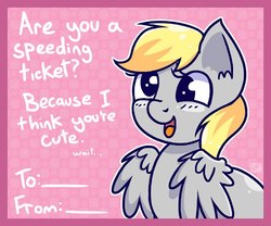Size: 600x500 | Tagged: safe, artist:steveholt, derpy hooves, pegasus, pony, g4, blushing, cute, derp, derpabetes, female, holiday, mare, open mouth, pickup lines, solo, valentine, valentine's day, valentine's day card