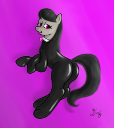 Size: 2486x2797 | Tagged: safe, artist:daf, octavia melody, earth pony, pony, g4, blushing, bowtie, butt, catsuit, female, latex, latex suit, mare, plot, solo