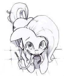 Size: 516x609 | Tagged: safe, artist:trips-ocho, fluttershy, pony, g4, female, leash, looking at you, monochrome, mouth hold, solo