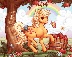 Size: 800x640 | Tagged: safe, artist:celesse, applejack (g1), butterfly, pony, g1, apple, butt, cottagecore, cute, g1 jackabetes, plot, rainbow, silly, silly pony, tree