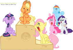 Size: 653x454 | Tagged: safe, artist:danilee3240, applejack, fluttershy, pinkie pie, rainbow dash, rarity, twilight sparkle, earth pony, pegasus, pony, unicorn, g4, female, horn, mane six, mare, podium, simple background, tattoo, transparent background