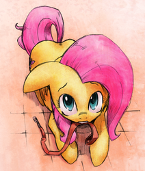 Size: 516x609 | Tagged: safe, artist:chromaskunk, artist:trips-ocho, fluttershy, pegasus, pony, g4, colored, cute, female, floppy ears, flutterpet, leash, mouth hold, pony pet, shyabetes, solo