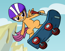 Size: 4500x3500 | Tagged: safe, artist:shinodage, scootaloo, pony, g4, female, helmet, scooter, solo, stunt