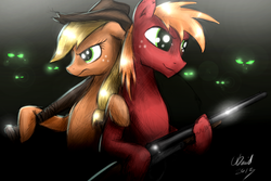 Size: 3000x2000 | Tagged: dead source, safe, artist:duh-veed, applejack, big macintosh, earth pony, pony, g4, baseball bat, glowing eyes, gun, male, shotgun, stallion