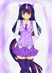 Size: 500x700 | Tagged: safe, artist:imara000, twilight sparkle, human, g4, clothes, eared humanization, horn, horned humanization, humanized, stockings, sweater vest, tailed humanization, thigh highs