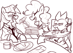 Size: 1228x895 | Tagged: safe, artist:ghost, pinkie pie, spike, twilight sparkle, g4, apron, chair, clothes, eyes closed, family, feeding, female, fork, glasses, highchair, knife, lesbian, monochrome, mug, necktie, newspaper, pancakes, ship:twinkie, shipping, spoon, unamused