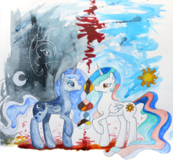 Size: 1024x956 | Tagged: safe, artist:jozjaeger, princess celestia, princess luna, alicorn, pony, g4, female, mare, moon, sun