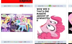 Size: 1195x721 | Tagged: safe, pinkie pie, g4, asymmetry, exploitable meme, implied downvotes galore, justin bieber, juxtaposition, juxtaposition win, neigh, shock, voting irony, yay