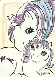 Size: 284x397 | Tagged: safe, artist:haawan, baby glory, glory, pony, unicorn, g1, duo, traditional art