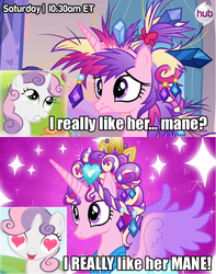 Size: 708x900 | Tagged: safe, edit, edited screencap, screencap, princess cadance, sweetie belle, g4, games ponies play, lesson zero, bad hair, ceremonial headdress, heart eyes, hub logo, i really like her mane, want it need it