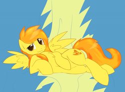 Size: 1280x948 | Tagged: safe, artist:cymek, spitfire, pegasus, pony, g4, alternate hairstyle, female, looking at you, lying down, on side, seductive, smiling, solo, wings