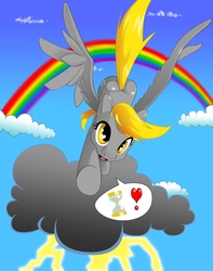 Size: 1179x1500 | Tagged: safe, artist:the-unicorn-lord, derpy hooves, pegasus, pony, g4, cloud, female, heart, heart eyes, lightning, mare, pixiv, rainbow, ship:doctorderpy, shipping, solo, straight, wingding eyes