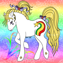 Size: 800x791 | Tagged: safe, artist:tori-inazuma, earth pony, pony, g1, 2009, bow, female, hair bow, mare, patterned background, ponified, ponytail, rainbow background, rainbow brite, raised hoof, signature, solo, tail, tail bow, wisp