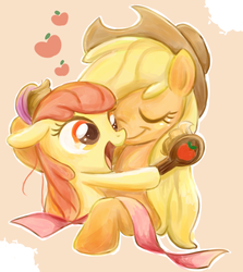 Size: 662x742 | Tagged: safe, artist:ichigoaimin, apple bloom, applejack, earth pony, pony, g4, adorabloom, apple, brush, bust, cute, duo, eyes closed, female, food, hairbrush, jackabetes, loose hair, open mouth, pixiv, sibling love, siblings, sisterly love, sisters