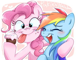 Size: 574x456 | Tagged: safe, artist:ichigoaimin, pinkie pie, rainbow dash, earth pony, pegasus, pony, g4, blushing, cupcake, cute, duo, female, friendshipping, mare, pixiv, tongue out