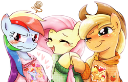 Size: 670x432 | Tagged: safe, artist:ichigoaimin, applejack, fluttershy, rainbow dash, g4, blushing, clothes, dressup, sweater, sweatershy, wink